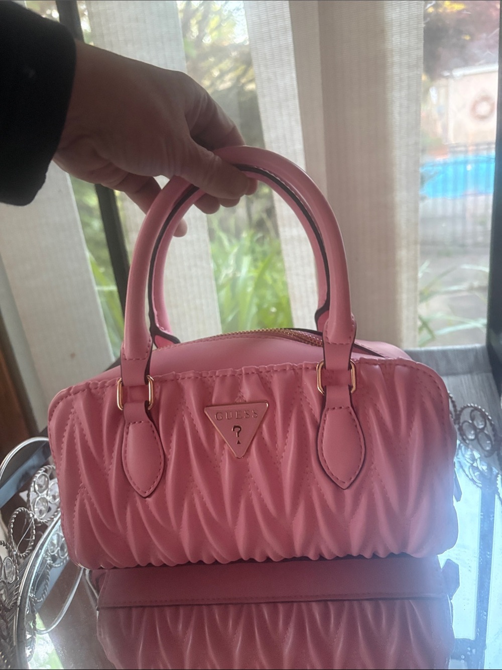 GUESS Pink Quilted Mini Satchel with Gold Hardware